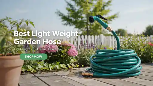Lightweight flexible garden hose with a green and black spray nozzle on a wooden deck in a flower garden.