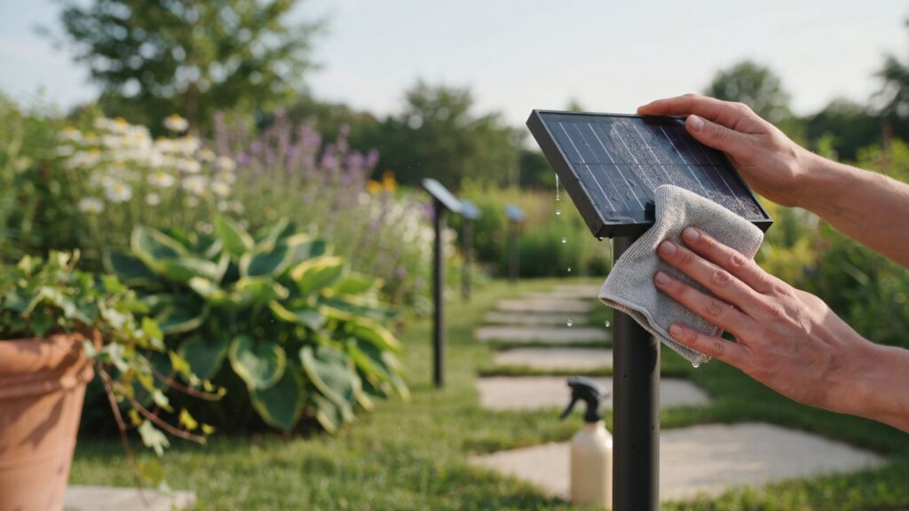 Person cleaning a solar panel on a garden light with a cloth
