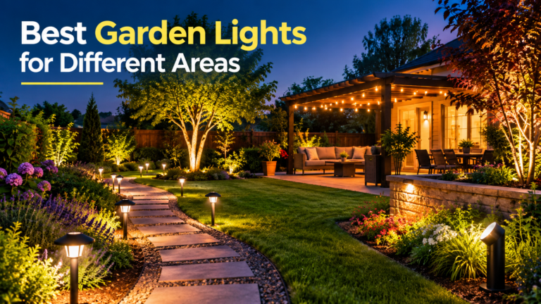 Best garden lights for different areas, featuring illuminated pathways, flower beds, trees, and patio string lights.