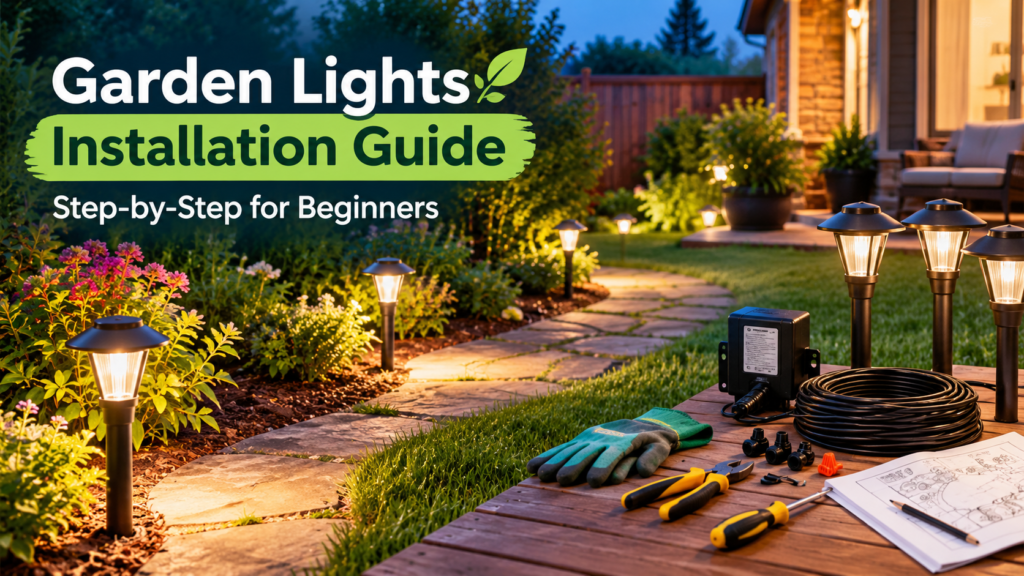 Garden lights installation guide with illuminated pathway lights, low-voltage cable, transformer, tools, and garden lighting plan.