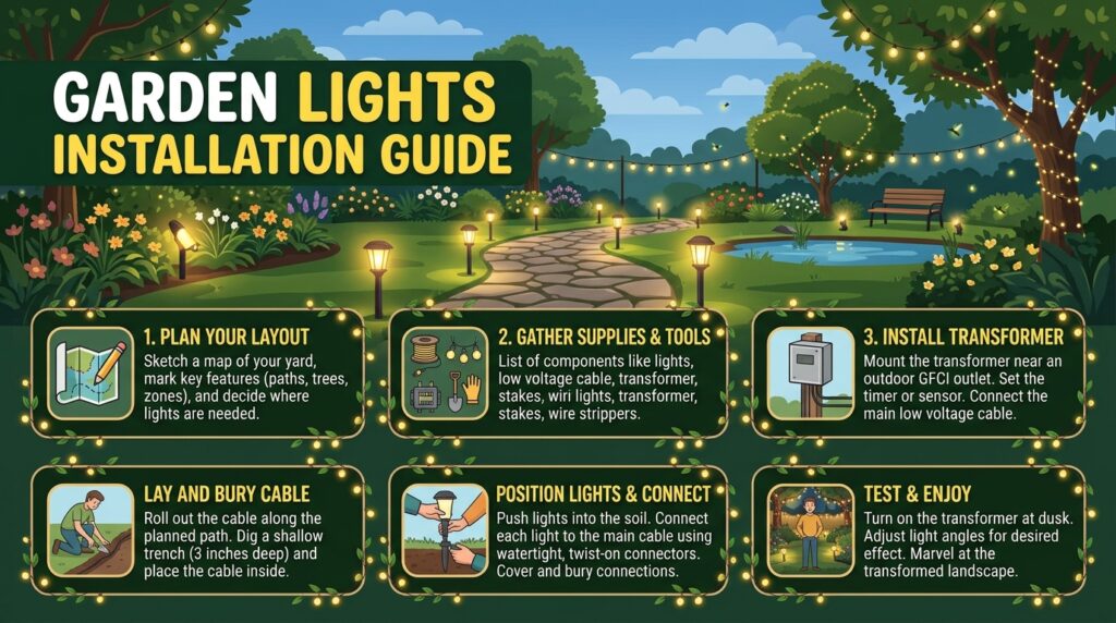 An infographic titled "Garden Lights Installation Guide" set in a beautifully lit backyard garden. It outlines a 6-step process: 1. Plan Your Layout, 2. Gather Supplies & Tools, 3. Install Transformer, 4. Lay and Bury Cable, 5. Position Lights & Connect, and 6. Test & Enjoy.