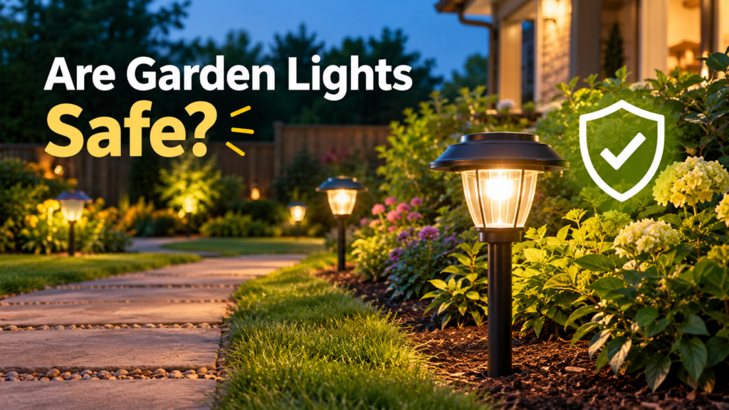 Are garden lights safe? Solar pathway lights illuminating a garden walkway at dusk