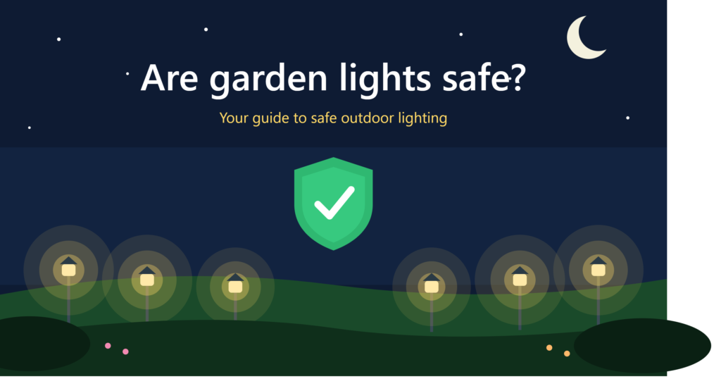 Illustration of a night garden with glowing path lights, a crescent moon, and a green shield with a check mark under the headline “Are garden lights safe?”