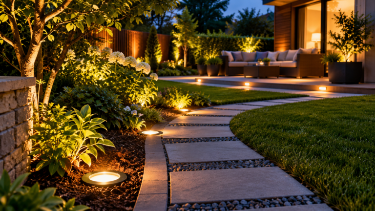 Dusk garden with a curved flagstone path lit by round in-ground amber lights, bordered by lush plants and white flowers on one side and green lawn on the other, leading to a lit patio with an outdoor sofa.