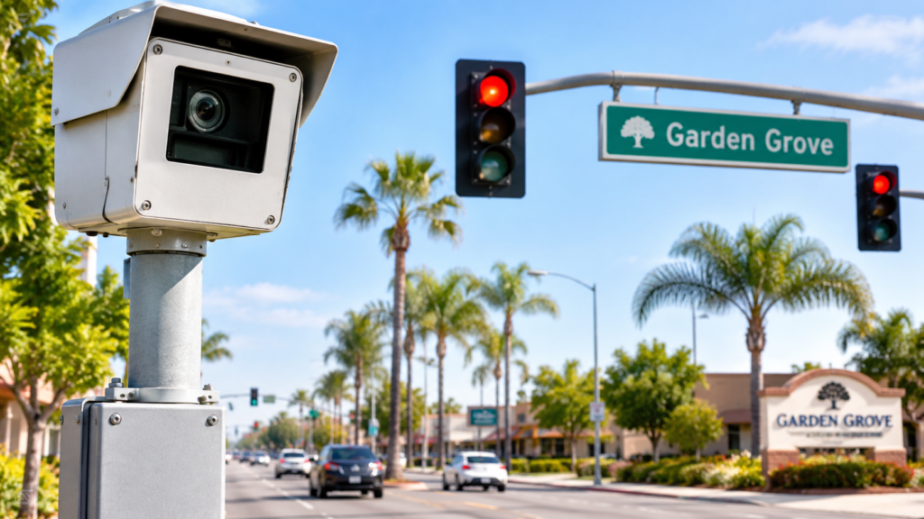 Garden Grove red light camera overlooking a busy California intersection with red traffic signals and a Garden Grove street sign.