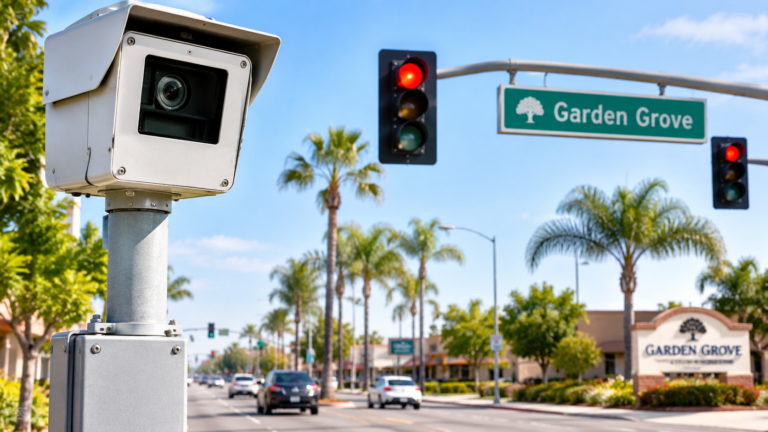 Garden Grove red light camera overlooking a busy California intersection with red traffic signals and a Garden Grove street sign.