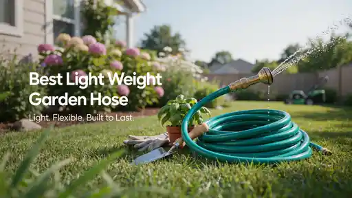 Lightweight green garden hose with a spray nozzle watering a lawn beside colorful flowers.