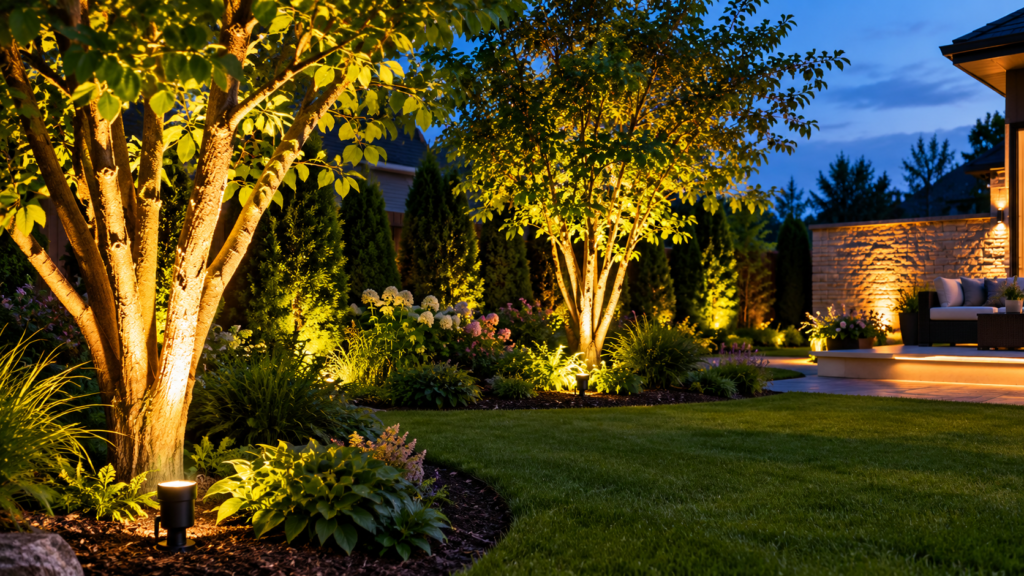 Garden lighting uplighters illuminating trees, plants, and flower beds with warm light at night.