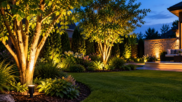 Garden lighting uplighters illuminating trees, plants, and flower beds with warm light at night.