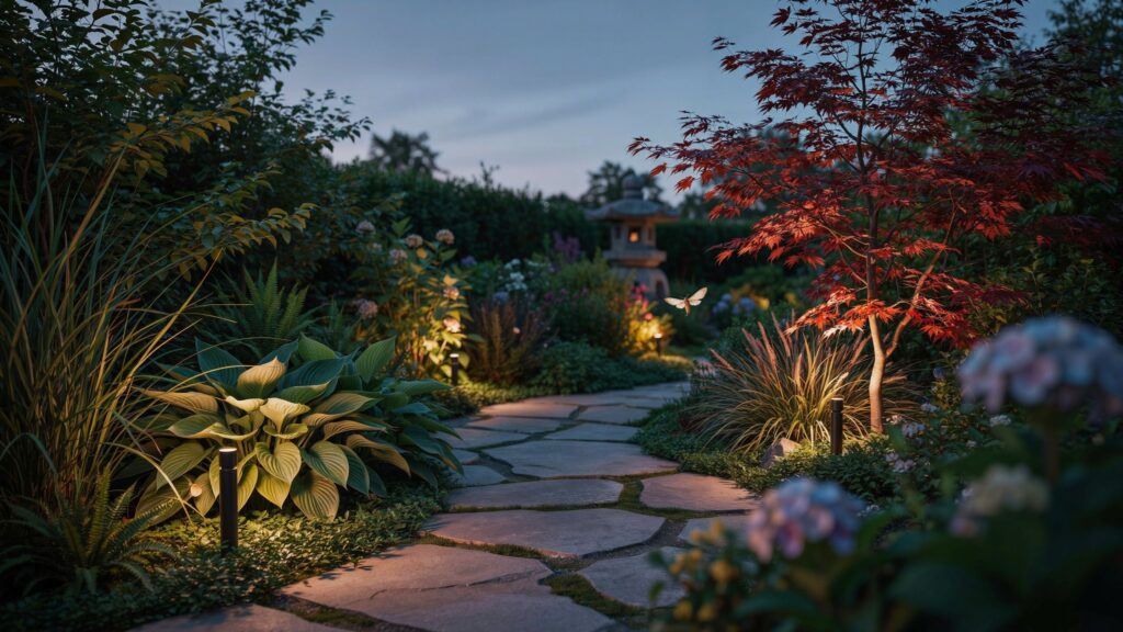 Warm garden path lights illuminating a winding stone walkway surrounded by lush plants and a red Japanese maple tree at dusk.