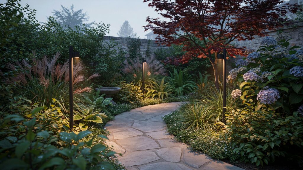 Misty dusk garden with a curved flagstone path lit by three slim black bollard lights, surrounded by ornamental grasses, hostas, ferns, blue hydrangeas, and a red Japanese maple beside an old stone wall.