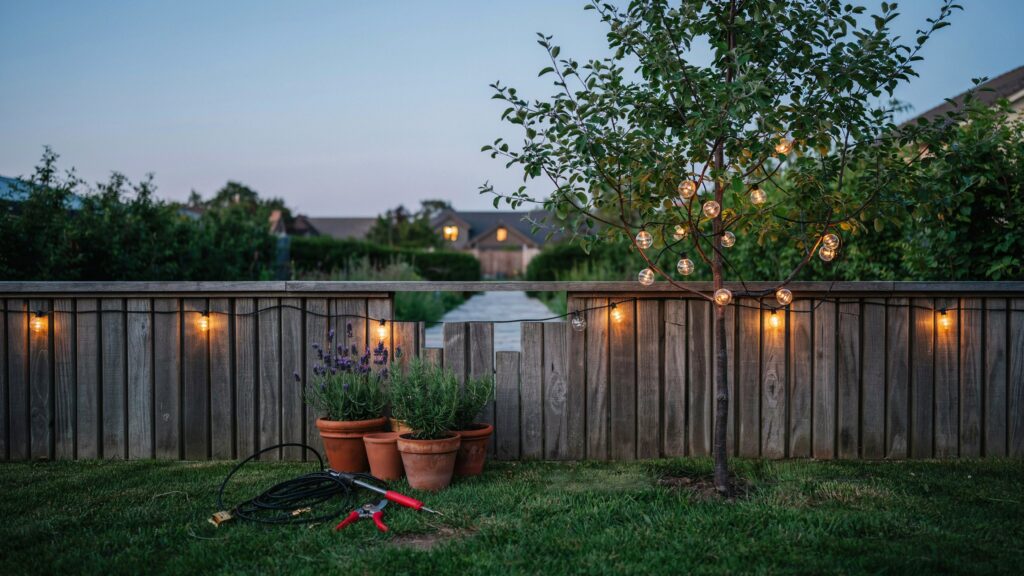 Wiring garden lights with warm string lights on a wooden fence and tree, with electrical tools and cables on the lawn.