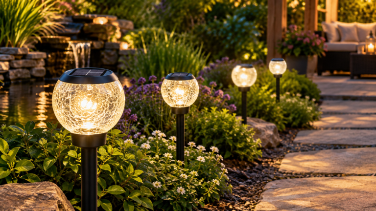 Four solar garden lights with glowing crackle-glass globes lined up beside a flagstone path, surrounded by purple and white flowers, with a stone waterfall and pond on the left and a patio seating area in the background at dusk.