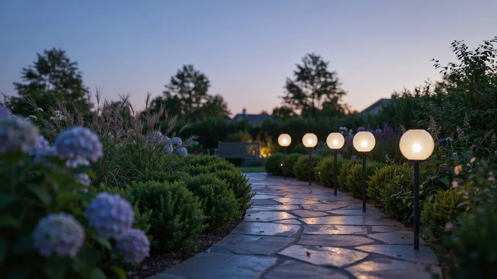 Five frosted solar globe lights on black stakes line a curving flagstone garden path at twilight, with blue hydrangeas, trimmed shrubs, and a distant bench under a purple evening sky.