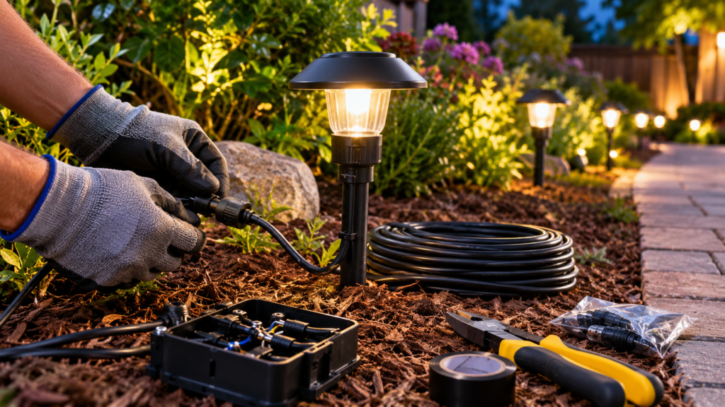 Wiring garden lights with outdoor electrical cables and connectors beside illuminated pathway lights in a landscaped garden.